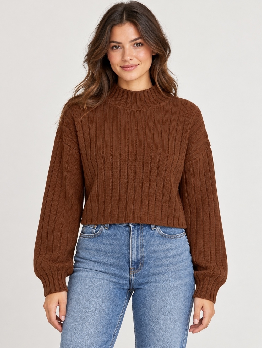LA Hearts Brown Ribbed Cotton Mock Neck Sweater Medium
